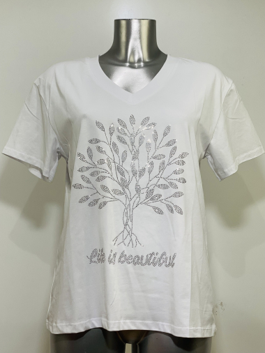 Grossiste Coraline - T-shirt en coton à col v à imprimé sapin