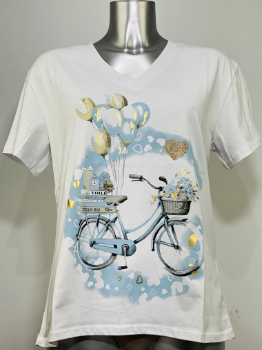Grossiste Coraline - T-shirt en coton à col V à imprimé vélo