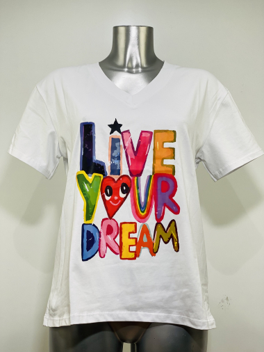 Grossiste Coraline - T-shirt en coton en col V à imprimé manuscrit