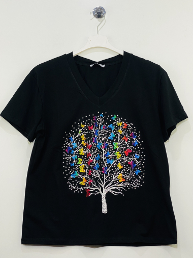 Grossiste Coraline - T-shirt en coton en col V à imprimé arbre à papillon