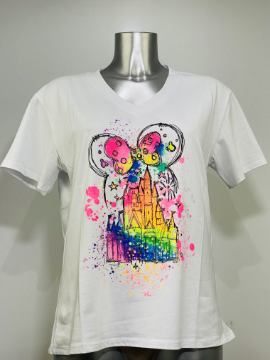 Grossiste Coraline - T-shirt en coton en col V à imprimé château
