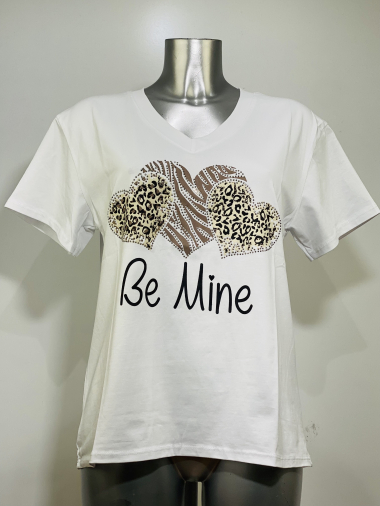 Grossiste Coraline - T-shirt en coton en col V à imprimé cœurs en léopard