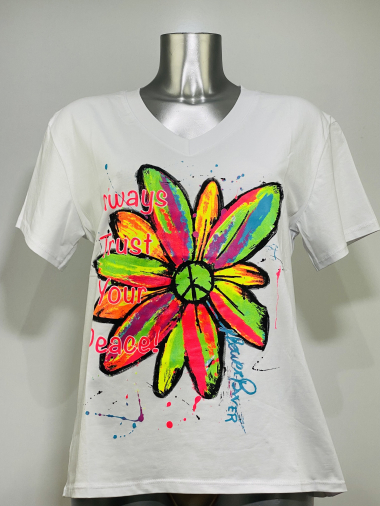 Grossiste Coraline - T-shirt en coton en col V à imprimé fleurs