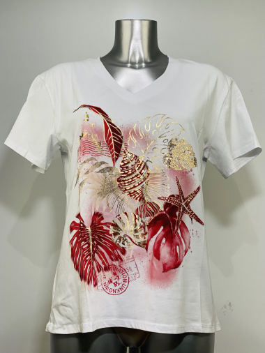Grossiste Coraline - T-shirt en coton en col V à imprimé