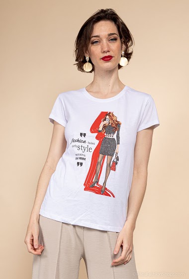 Grossiste Coraline - T-shirt avec imprimé FASHION et strass