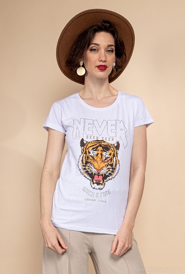Grossiste Coraline - T-shirt avec tigre imprimé et strass
