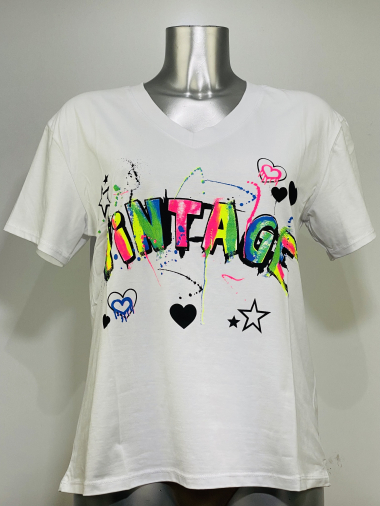 Großhändler Coraline - Baumwoll-T-Shirt mit V-Ausschnitt und handgeschriebenem Aufdruck