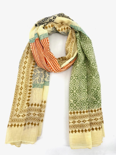 Großhändler Cowo-collection - Schal mit Blockdruck, 100 % indische Baumwolle – 100 x 180 cm