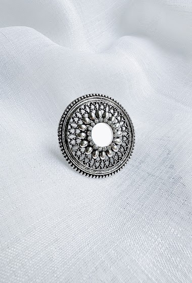 Grossiste D Bijoux - Bague métal rond motif effet miroir et strass