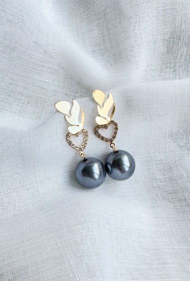 Wholesaler D Bijoux - Rhinestone and pearl heart earrings