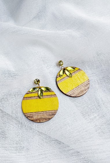 Wholesaler D Bijoux - Wood and rhinestone round earrings