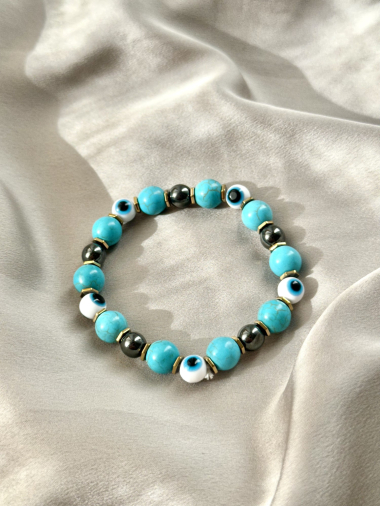 Grossiste D Bijoux - Bracelet perles pierres turquoise et oeil