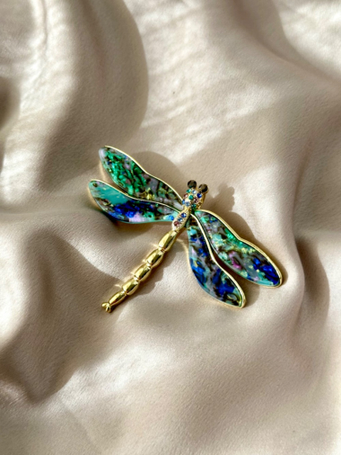 Wholesaler D Bijoux - Dragonfly brooch, iridescent enamel, multi-colored