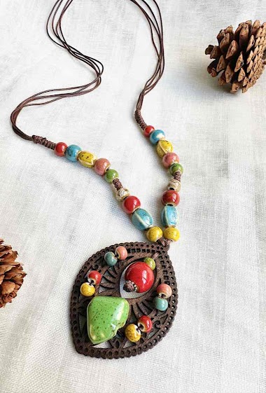 Wholesaler D Bijoux - Ceramic and wood necklace