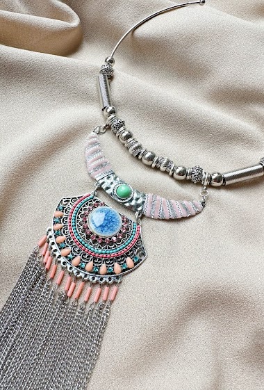 Grossiste D Bijoux - Collier long métal perles dentelle