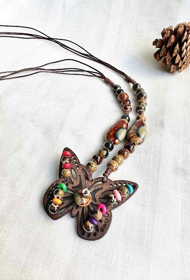 Großhändler D Bijoux - Ceramic and wood butterfly necklace