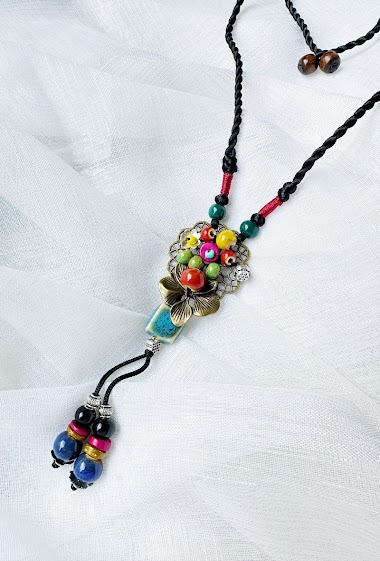 Grossiste D Bijoux - Collier pendentif perles céramiques et fleurs
