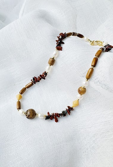 Wholesaler D Bijoux - Pearl, stone and wood necklace