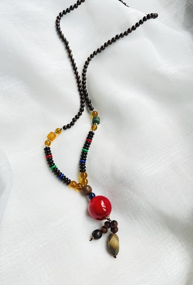 Großhändler D Bijoux - Long necklace, wood and  pendant