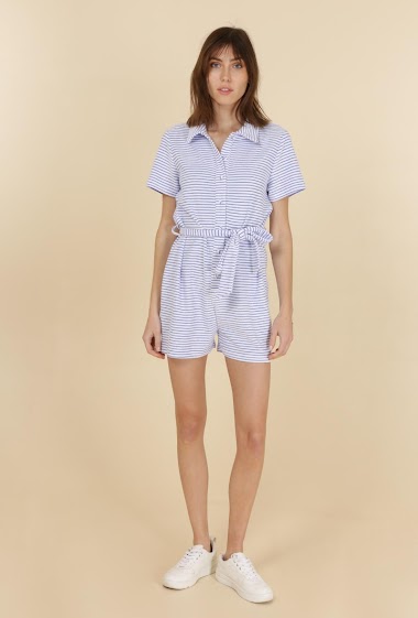 Short-sleeved belted playsuit in striped terry material