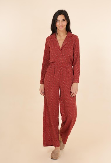 Grossiste DAPHNEA - Pantalon style Pyjama imprimé cravate détail biais satin et taille élastiquée