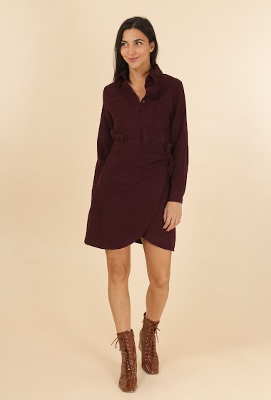 Wholesaler DAPHNEA - Plain corduroy wrap skirt shirt dress