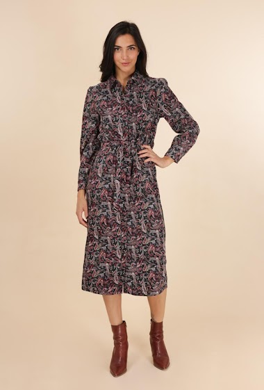 Wholesaler DAPHNEA - Long Belted Paisley print Corduroy Dress