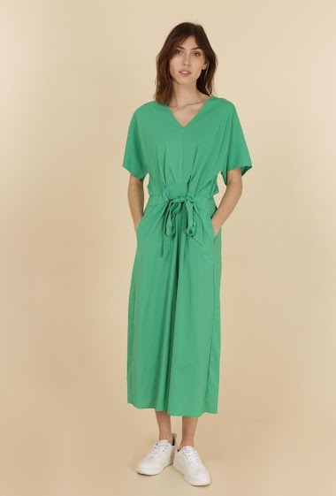 Wholesaler DAPHNEA - Plain long dress, short sleeve, V-neck, drawstring belt
