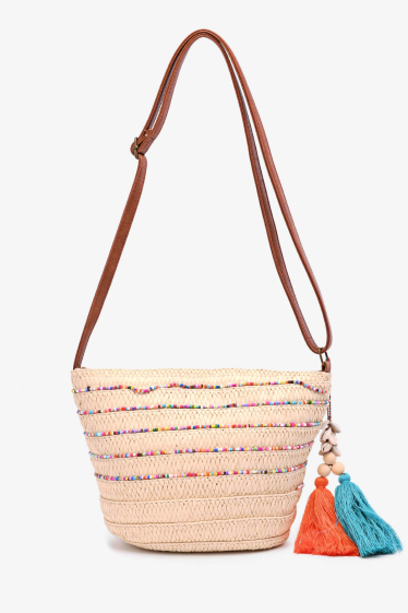 Wholesaler David Jones - CL13053 Paper straw shoulder bag decorated with colorful pearls
