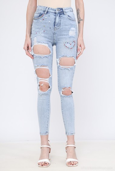 Wholesaler Daysie - Destroyed skinny jeans decorated with pearls and rhinestones