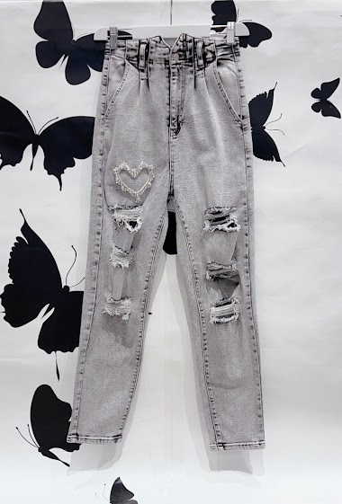 Wholesaler DENIM LIFE - Ripped stretch baggy jeans with diamond heart