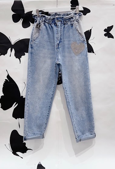 Wholesaler DENIM LIFE - Stretch baggy jeans, elastic waistband with rhinestone hearts