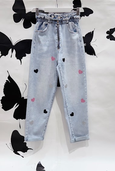 Wholesaler DENIM LIFE - Stretch baggy jeans, elastic waistband with sequined hearts