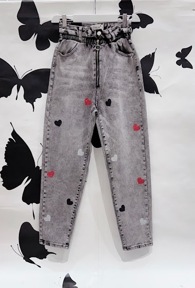 Wholesaler DENIM LIFE - Stretch baggy jeans, elastic waistband with sequined hearts
