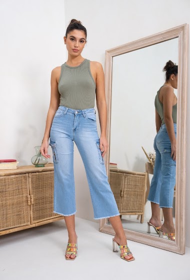 Wholesalers DENIM LIFE - Stretch Wide Leg Cargo Jeans