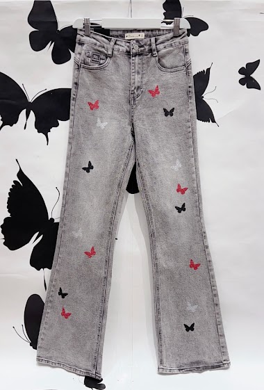 Wholesalers DENIM LIFE - Stretch flare jeans with sequined butterflies