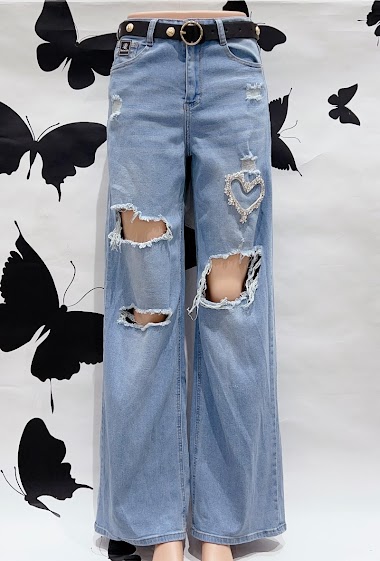Wholesalers DENIM LIFE - Ripped stretch wide leg jeans with belt and diamond hearts