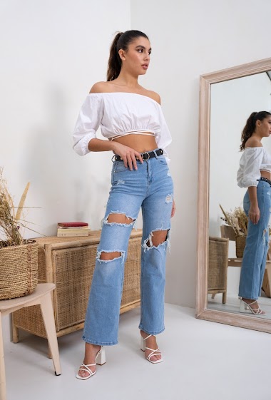 Wholesaler DENIM LIFE - Ripped stretch wide leg jeans with belt