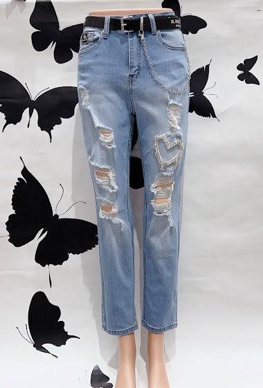Wholesaler DENIM LIFE - Stretch mom jeans with diamond heart and belt