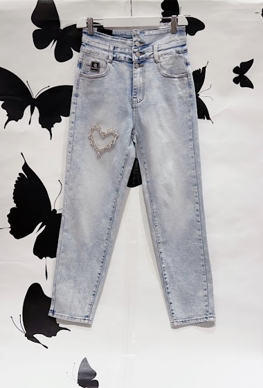Wholesalers DENIM LIFE - Stretch mom jeans with diamond heart