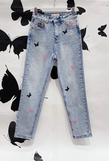 Mayorista DENIM LIFE - Jeans mom elásticos con mariposas de lentejuelas