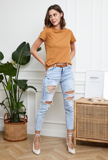 Wholesalers DENIM LIFE - Ripped stretch mom jeans push up with belt