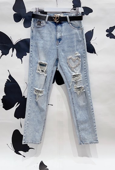 Wholesaler DENIM LIFE - Big size Ripped stretch mom jeans push up with Diamond Heart And belt