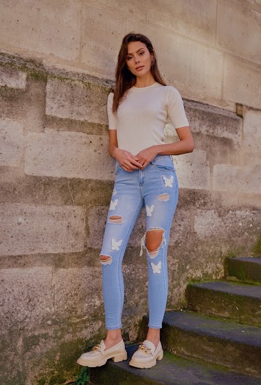 Wholesaler DENIM LIFE - Skinny jeans with lace butterflies