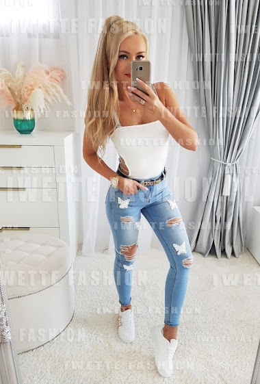 Wholesalers DENIM LIFE - Skinny jeans with lace butterflies
