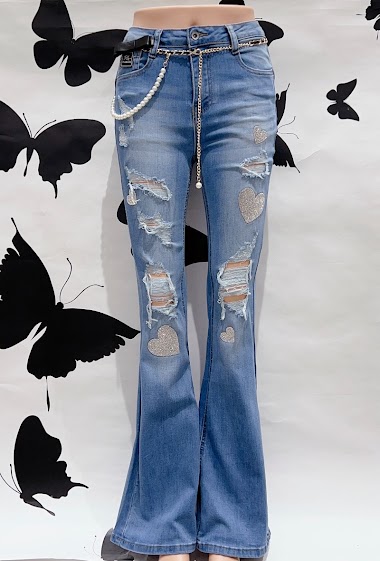 Wholesaler DENIM LIFE - Ripped stretch skinny flare jeans with chain and rhinestone hearts