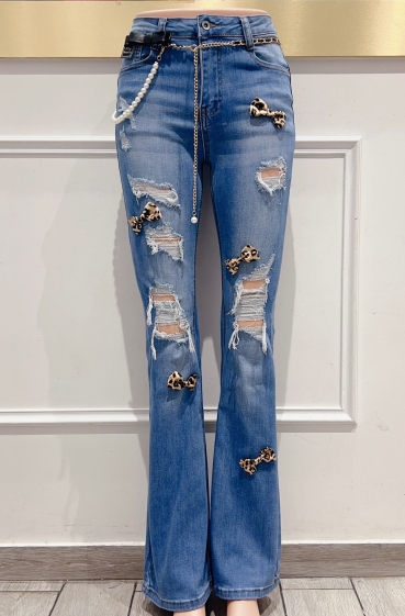 Wholesaler DENIM LIFE - Ripped stretch skinny flare jeans with chain