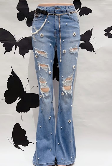 Wholesalers DENIM LIFE - Ripped stretch skinny flare jeans with chain and pearls