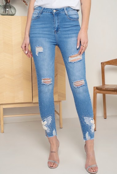 Wholesalers DENIM LIFE - Skinny stretch jeans with lace ankle butterflies