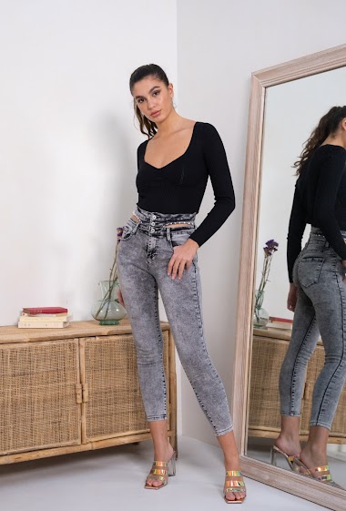 Wholesalers DENIM LIFE - Super high waist stretch cut out skinny jeans